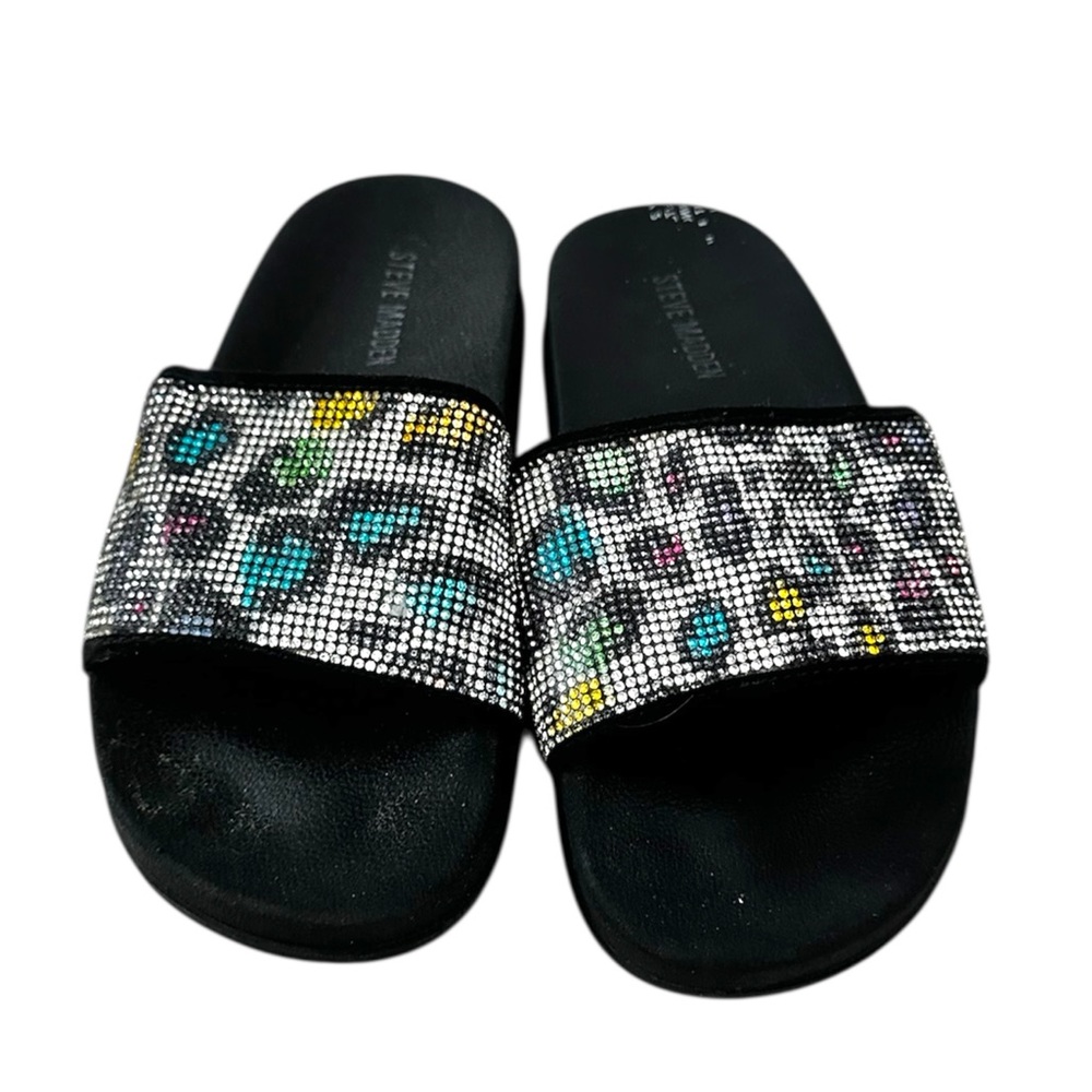 Steve Madden Black Slide Sandals with Multicolor Rhinestones